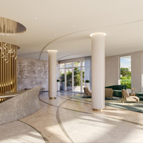 The elegant lobby of the Condominium Residences, where residents enjoy private elevator access to their homes. 