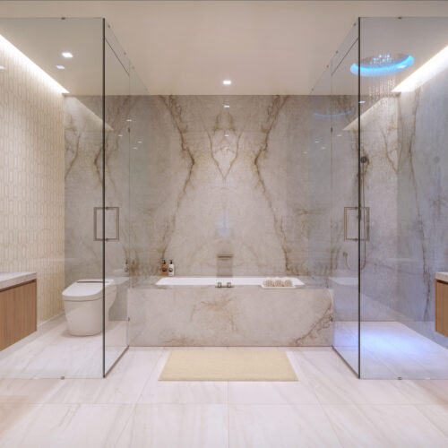 The spa-inspired bathrooms in the Condominium Residences include custom Italian wooden cabinetry and rain showers with integrated LED lighting.